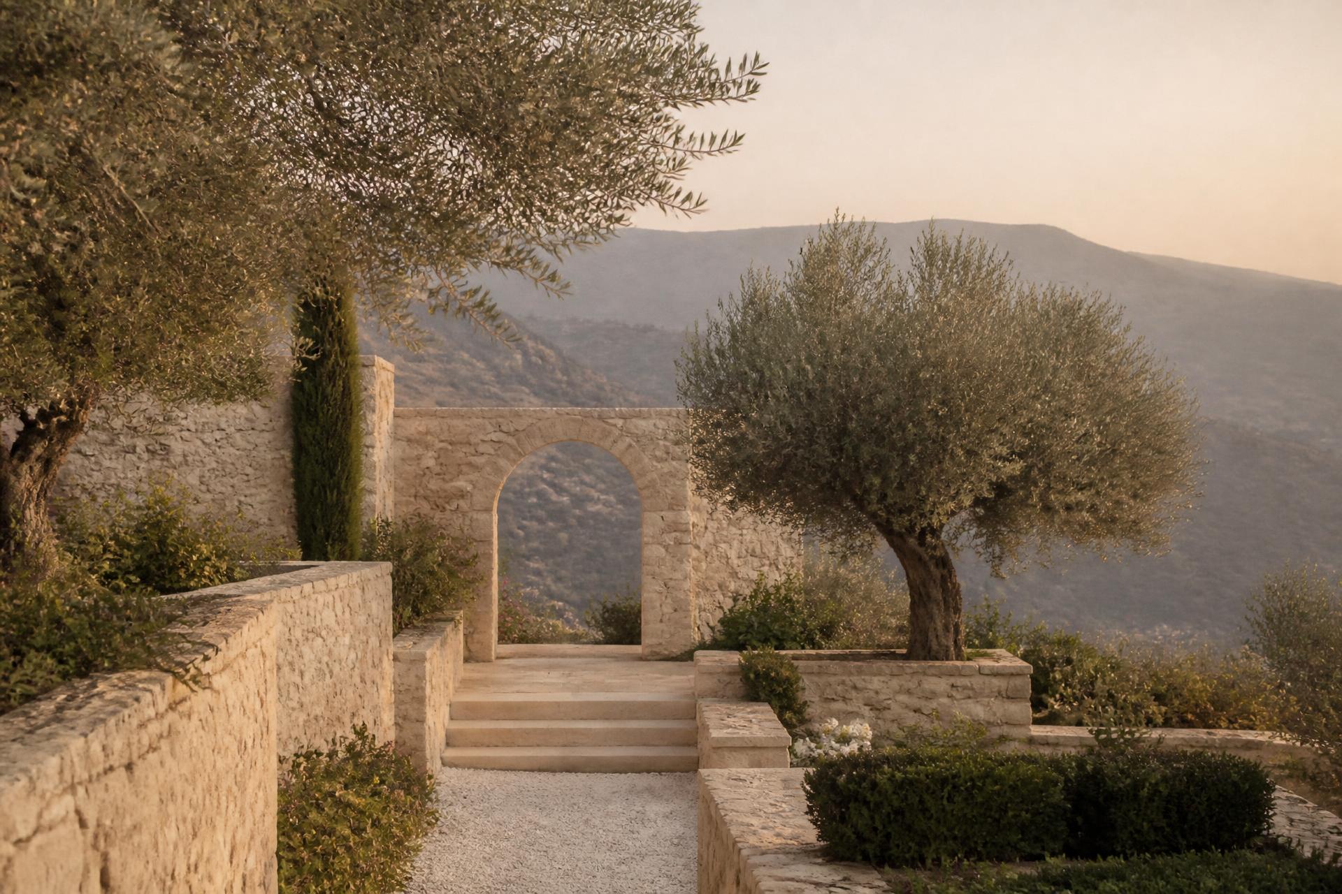 Terraced garden with limestone arch and olive trees in the Lebanese mountains at dusk